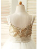 Thin Straps Gold Sequin Ivory Tulle Knee Length Flower Girl Dress With Tulle Sash